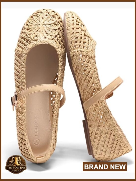 Shoes - Woven Mary Jane Ballet Flats with Memory Foam Insole, Adjustable Strap